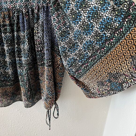 Zara Trafaluc Top Blouse Size Med Geometric Patterned Keyhole Tie Sides Boho - Picture 7 of 12
